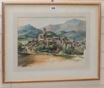 G. Draper, watercolour, Church and village in Southern France, signed, 28 x 39cm