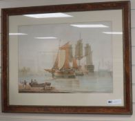 Attributed to Nicholas Pocock, watercolour, Shipping in harbour, 39 x 57cm