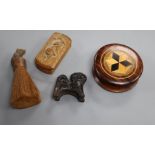 A parquetry box, a carved box, a lion and a Black Forest brush