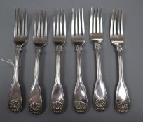 A set of six Scottish William IV silver shell, fiddle and thread pattern table forks, Glasgow