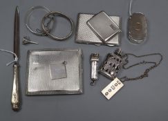 Two silver engine-turned cigarette cases, a similar vesta case, a silver-gilt snuff box and