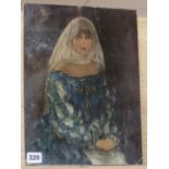 Greek School, oil on canvas laid on board, Portrait of a woman wearing a veil, 35 x 26cm, unframed