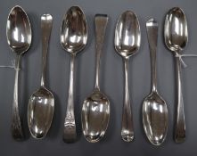 A matched pair of George III silver bright-cut tablespoons and five other Georgian spoons, approx