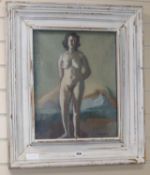 Attributed to Clifford Hall, oil on canvas, Standing female nude, bears signature and dated '39,