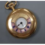 An 18k yellow metal half-hunter ladys' pocket watch (enamel to dial a.f.)