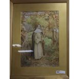 Arthur Burrington (1856-1924), watercolour, Nun in a walled garden, signed, 53 x 36cm