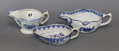 Two Worcester blue and white sauceboats, c.1760-70 and a Bow blue and white sauceboat, c. 1760-5 (