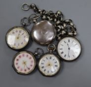 Two silver fob watches and a white metal albert and three white metal fob watches.