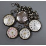 Two silver fob watches and a white metal albert and three white metal fob watches.