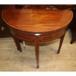 An Edwardian satinwood banded mahogany demi lune folding card table W.73cm