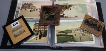 A postcard album, a miniature print and a daguerrotype