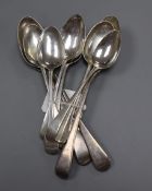 Ten assorted 18th/19th century silver table and dessert spoons, various dates and makers, 13.5 oz.