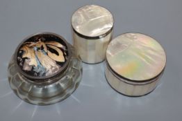 A silver, enamel and butterfly wing lidded powder bowl and two plated mounted mother o'pearl boxes.