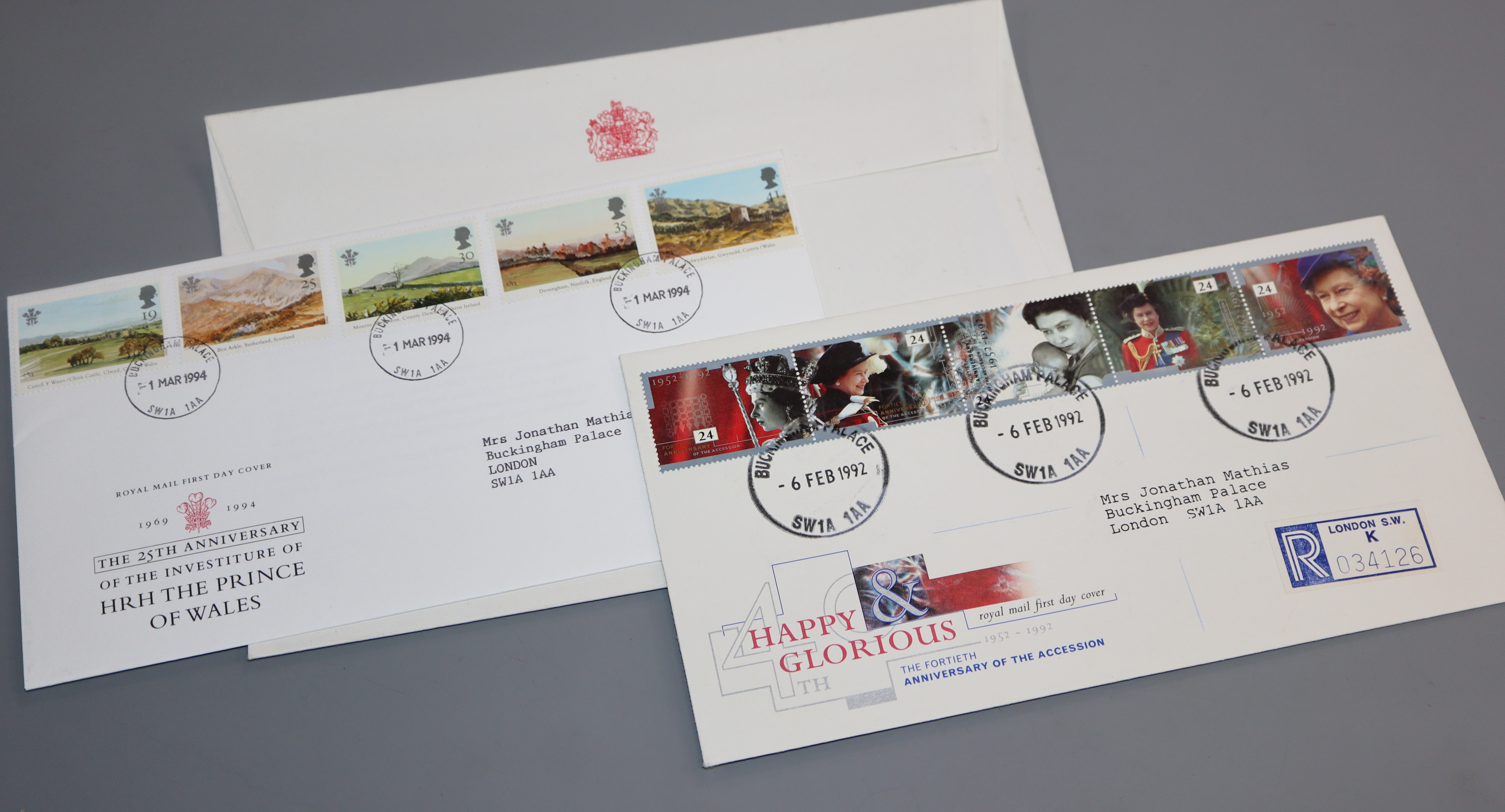 Two Royal commemorative first day covers with Buckingham Palace postal mark