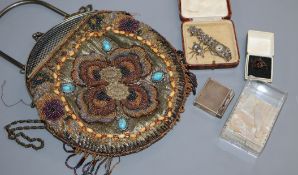 A 1940's handbag, garnet ring, marcasite watch, spider brooch, lighter and 19 assorted mother-of-
