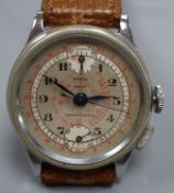 A gentleman's mid 20th century steel Pierce chronograph manual wind wrist watch, on brown leather