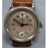 A gentleman's mid 20th century steel Pierce chronograph manual wind wrist watch, on brown leather