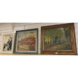 French School, oil on canvas, Woodland scene, 1936 Frost and Reed label verso, 44 x 54cm, and two