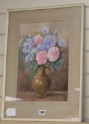 C. Healey, watercolour, Still life of hydrangeas and peonies in a vase, signed, 36 x 26cm