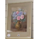 C. Healey, watercolour, Still life of hydrangeas and peonies in a vase, signed, 36 x 26cm