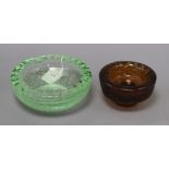 A Daum Nancy frosted amber glass pedestal ashtray and a green glass ashtray, both signed