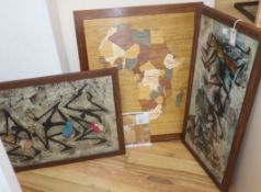 A specimen wood map of Africa and two African batik pictures, all framed