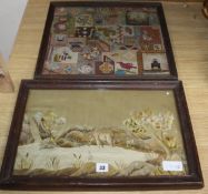 A Victorian needlework panel depicting a stag in a landscape and another