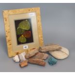 A Booker Morey framed display of Aspen leaves and a small collection of petrified wood specimens and