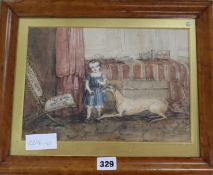 A Victorian Naive watercolour of a child and dog in an interior, 19 x 28cm
