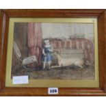 A Victorian Naive watercolour of a child and dog in an interior, 19 x 28cm