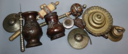 Four Buddhist prayer wheels, a pair of cymbals and six other items