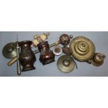 Four Buddhist prayer wheels, a pair of cymbals and six other items