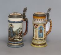 A Mettlach stein decorated with panels of figures and another with a gentleman drinking height 22.