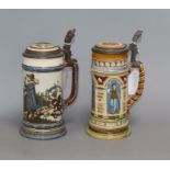 A Mettlach stein decorated with panels of figures and another with a gentleman drinking height 22.