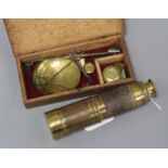 A brass three drawer telescope and set of brass scales