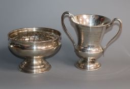 A George V silver two handled trophy cup, London, 1911 and a later silver presentation rose bowl,