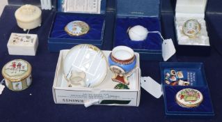 Five Halcyon Days enamelled boxes including a golf ball example (boxed), three other boxes and three