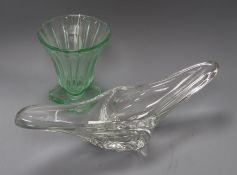 A Daum Nancy green glass pedestal vase and a large Daum centrepiece, both signed centrepiece