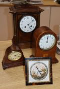 Two Edwardian mantel clocks and two bedside timepieces