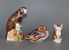 Three Royal Crown Derby Imari paperweights, Bronze Winged Parrot, Marmalade Kitten and Teal