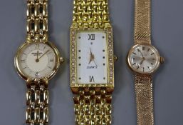 A lady's 9ct gold Omega manual wind wrist watch on 9ct gold bracelet and two other wrist watches