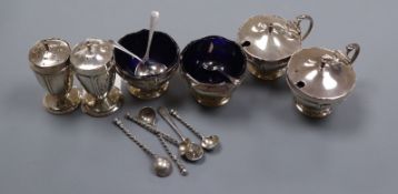 A George V silver six piece condiment set by Mappin & Webb, Birmingham, 1923/4 and six associated