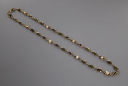 A yellow metal and multi gem set necklace, stamped '18k', 49cm, gross 11.6 grams.