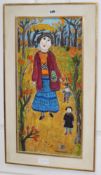 Dora Holzhandler, oil on canvas, Mother and children in Autumn, signed and dated 2002, 58 x 28cm