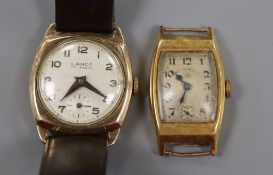 A lady's 18k yellow metal West End Watch Co manual wind wrist watch and a 9ct gold Lanco manual wind