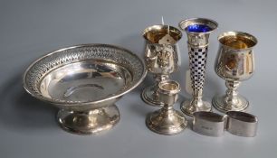 A pair of silver and silver-gilt commemorative goblets, a pierced silver tazza and four other items,