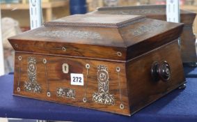 A William IV sarcophagus rosewood work box, inlaid with mother of pearl and containing a