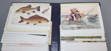 Edwardian and later fishing related postcards, in three albums,
