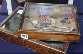 A French boulle work bijouterie table top case and a box of coins, medals etc