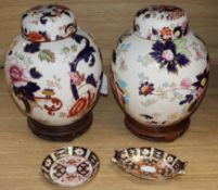 A pair of Mason's jars and covers and two Derby pin dishes